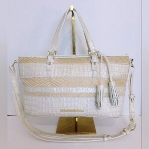 Brahmin Snowball Raffia White & Cream Croc-Trim 3 way